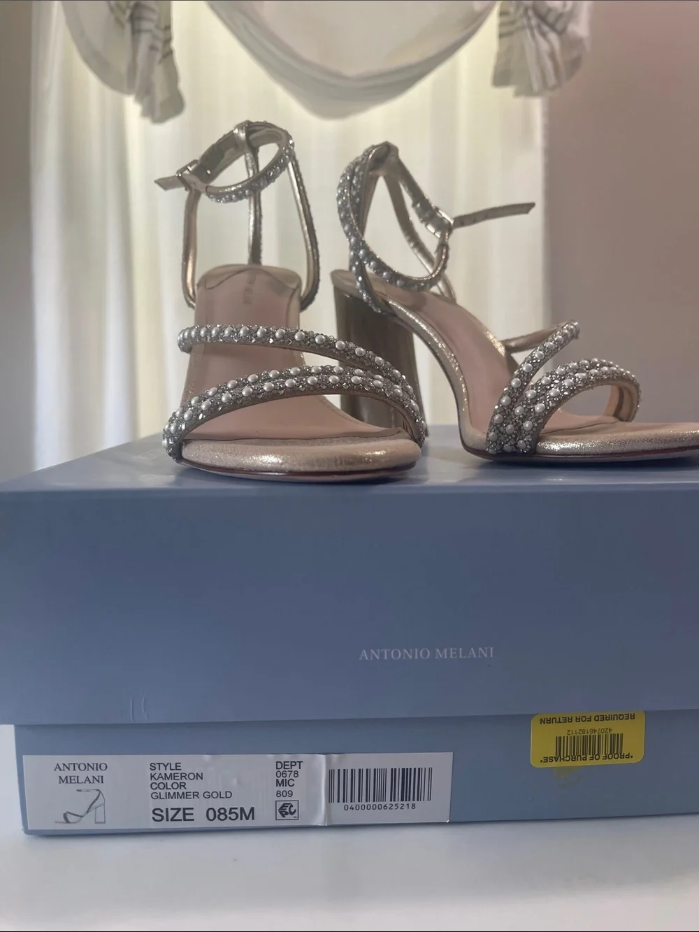 ANTONIO MELANI Gold Crystal-Strap Block Heel Sandals